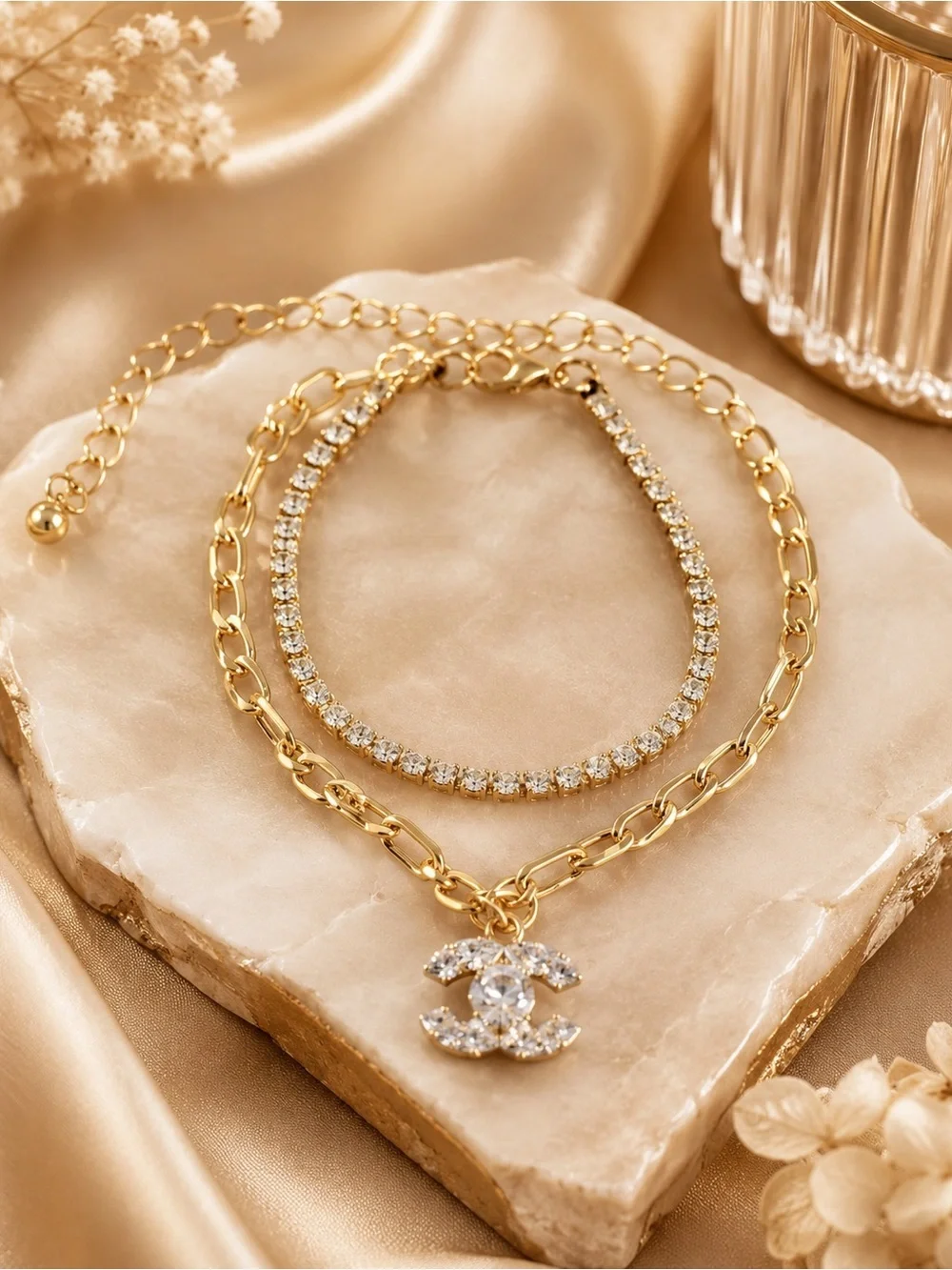 Gold and Crystal Double C Bracelet Set